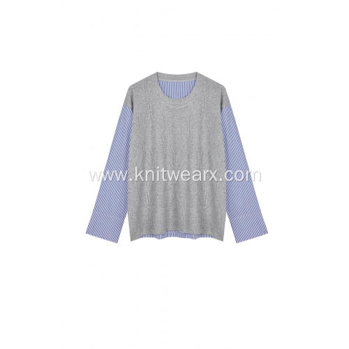 Women's Knitted Woven Back&Sleeve Crew-Neck Casual Pullover